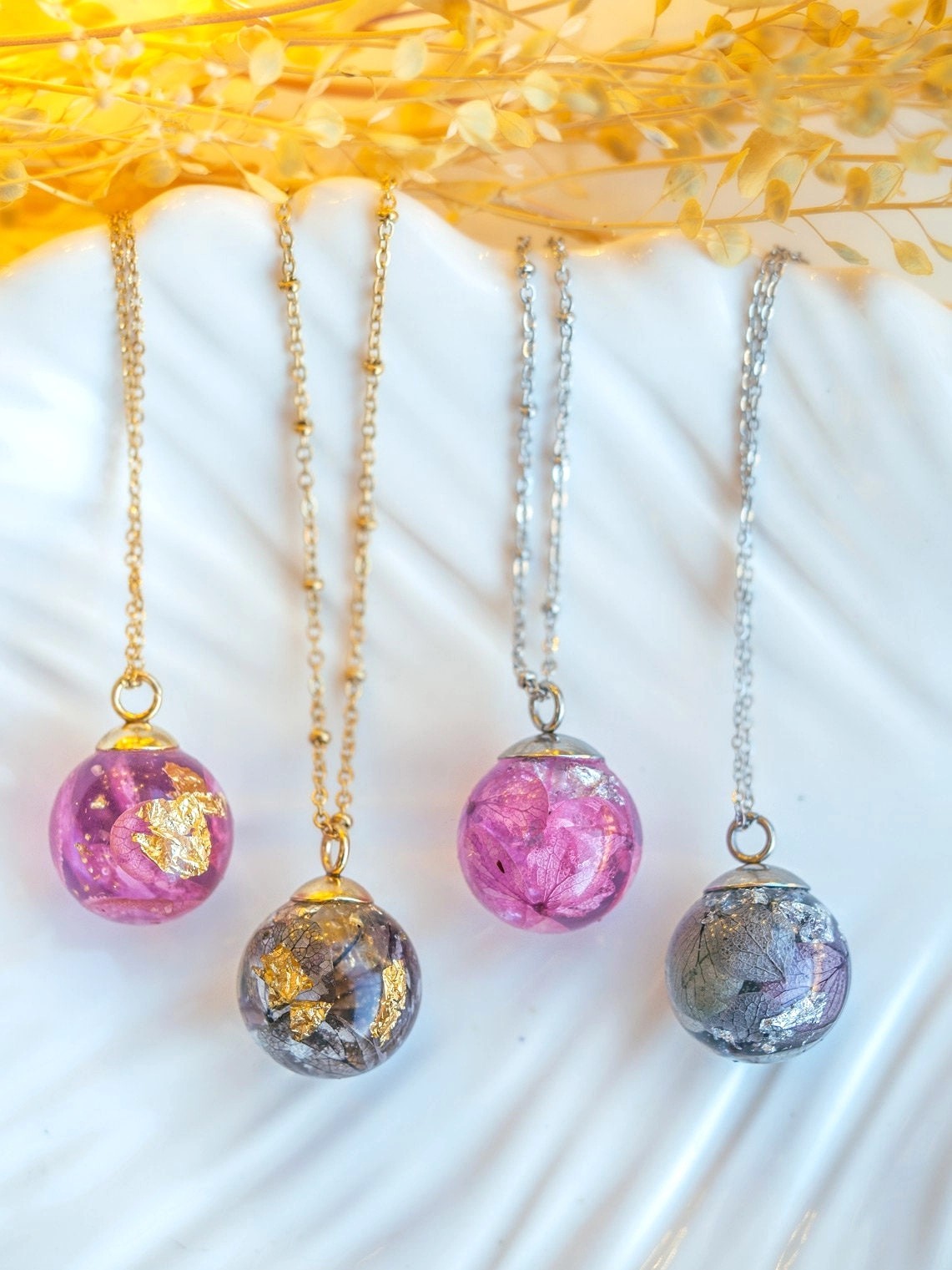 **Dried Hydrangea Resin Orb Necklace Whimsical Fairy Pressed Flower Pendant**