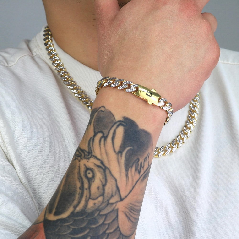 10K Yellow Gold Miami Cuban 9mm Monaco Diamond Cut Pave Chain Bracelet 7″- 9″