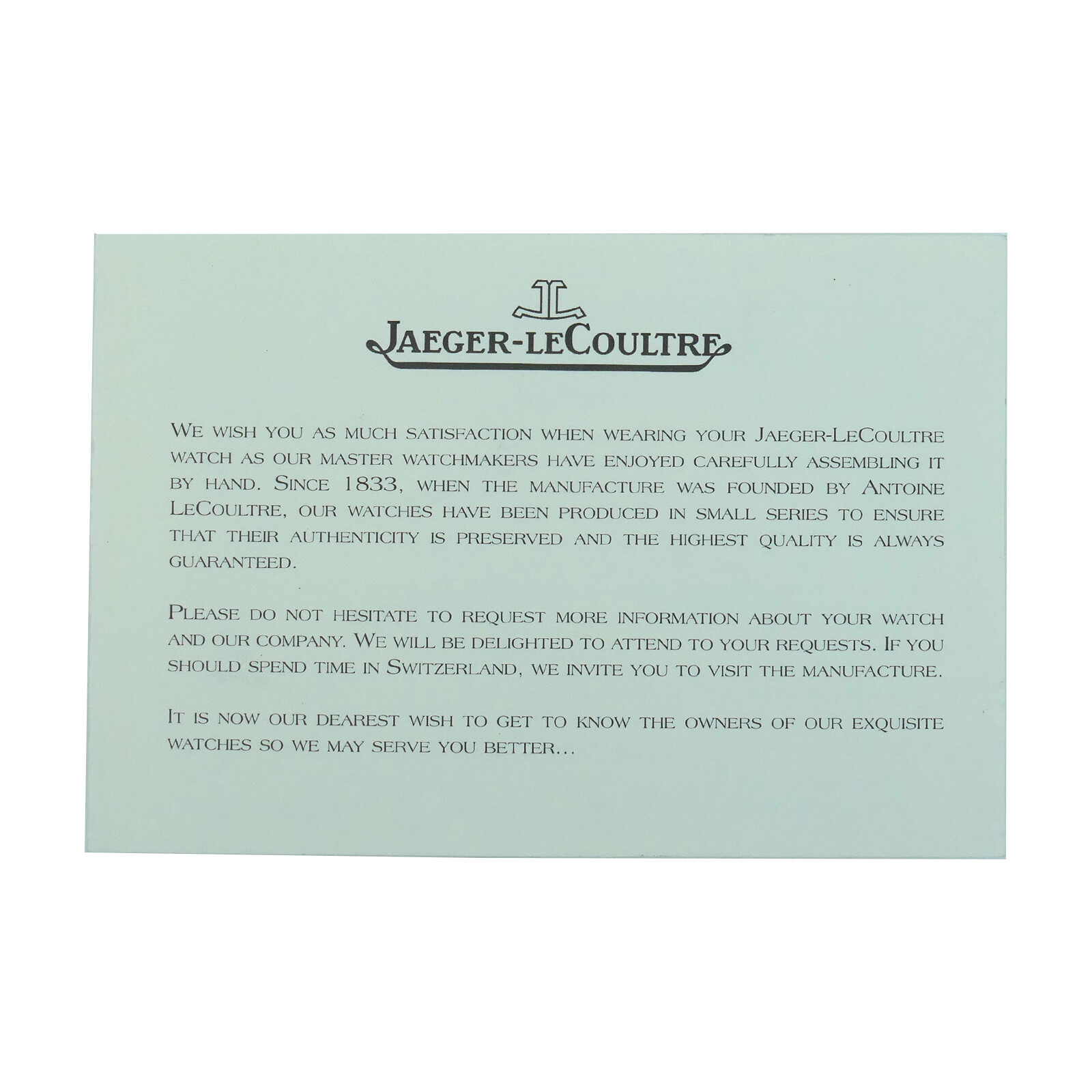 JAEGER-LECOULTRE ONE TO TWO YEARS WARRANTY EXTENSION CARD
