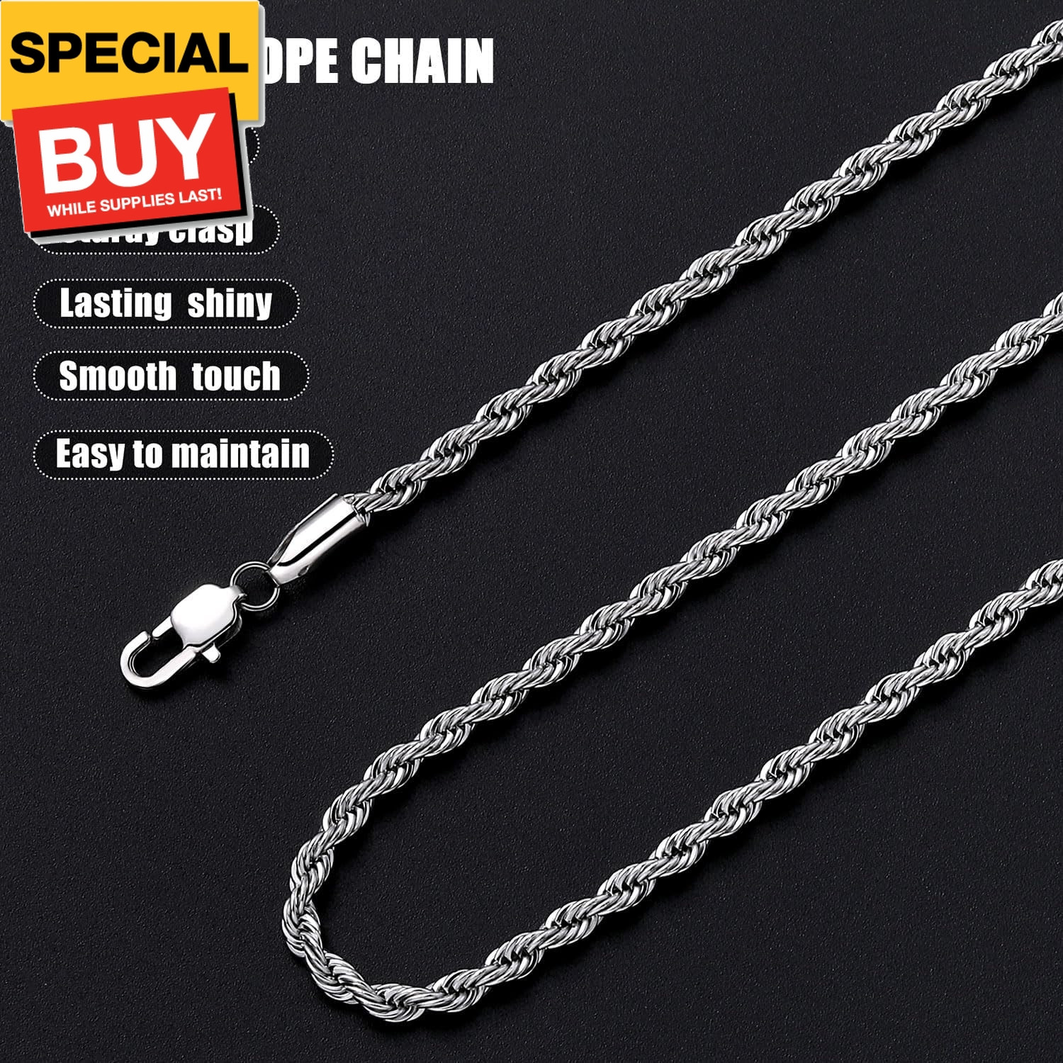3mm Rope Chain Necklace for Men, Silver Tone Mens Chain Necklace, Stainless Stee