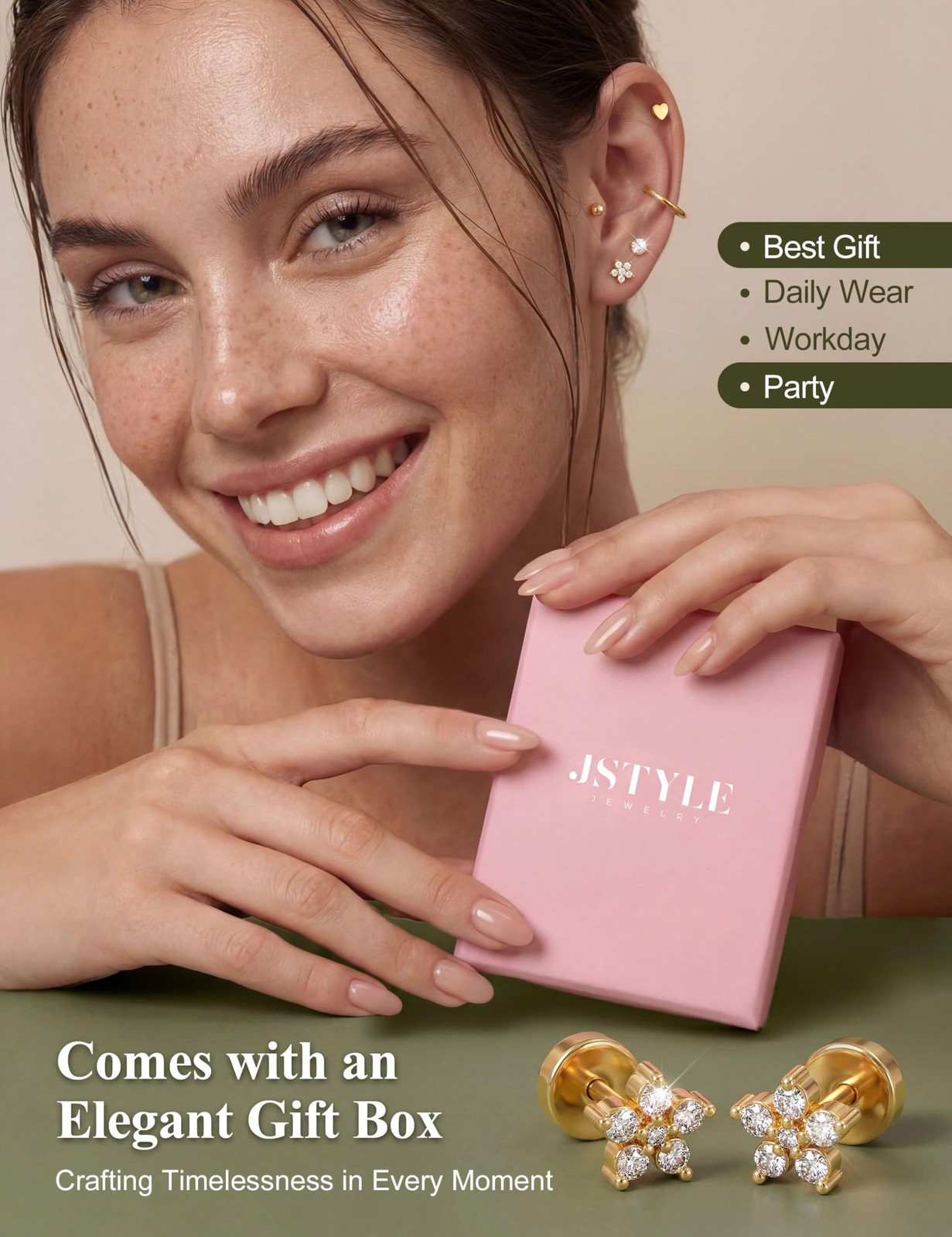 Jstyle 20G (0.8mm), 7mm (stud), 8mm, 10mm (hoop), 14K Gold Plated
