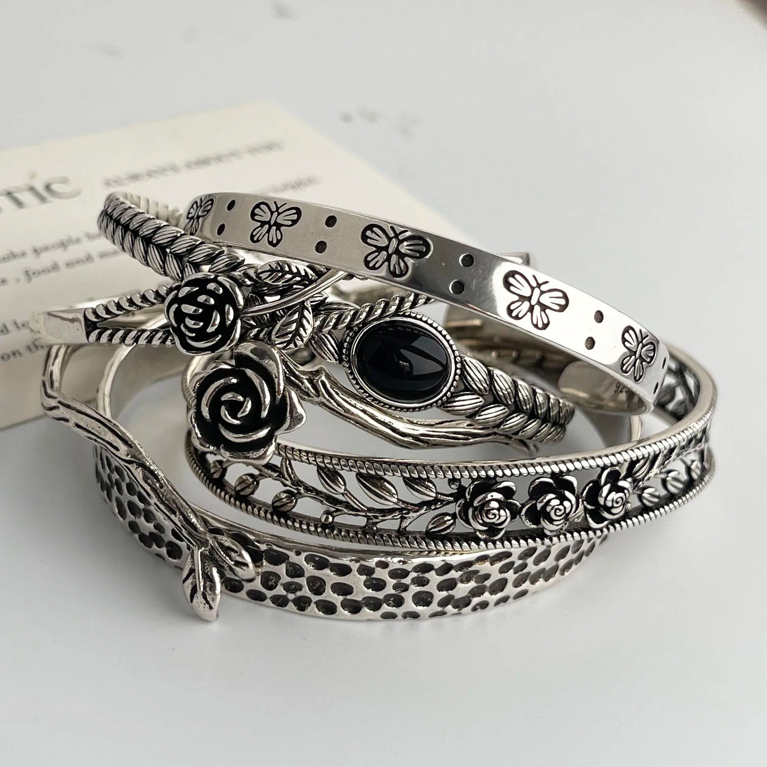 Women Cuff Bangle Vintage Flower Retro Rose Set Sterling Silver Jewelle Bracelet