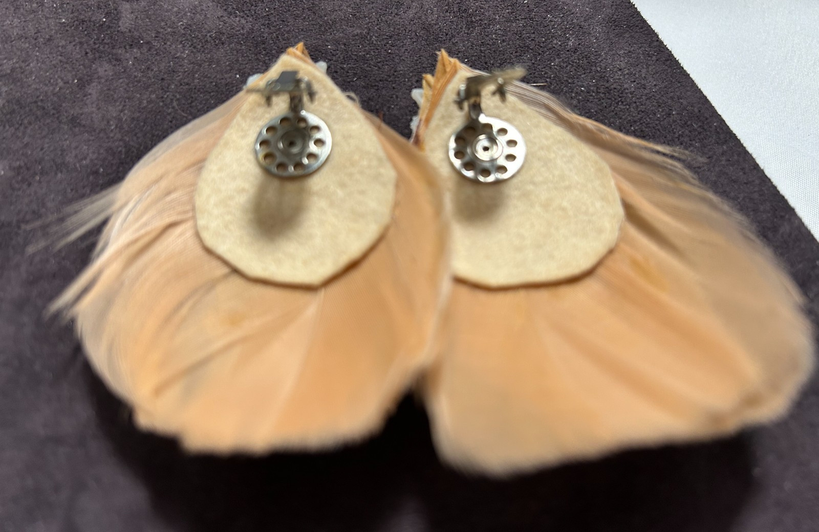 Vintage 1950’s Real Feather Flower Rhinestone Special Occasion Earrings Clip-On