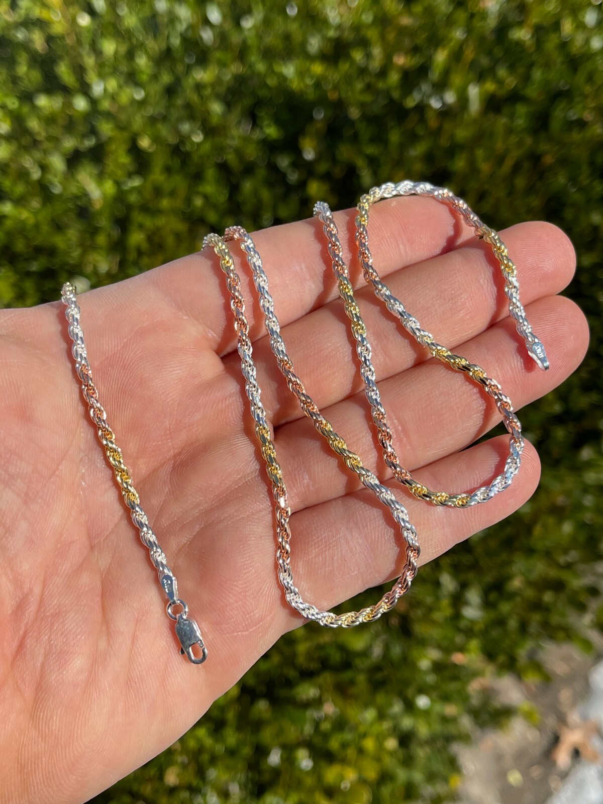 Solid 925 Silver & Yellow Rose Gold Plated Tri Color Rope Chain Necklace 2-5mm