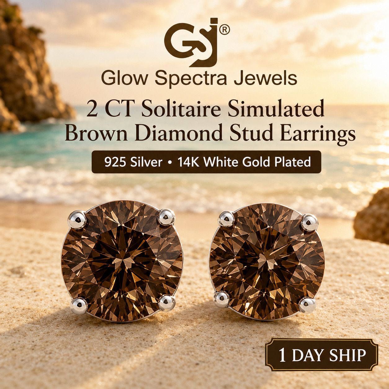 2.00CT Solitaire Brown Diamond Stud Erring 925 Silver 14k White Gold Plated
