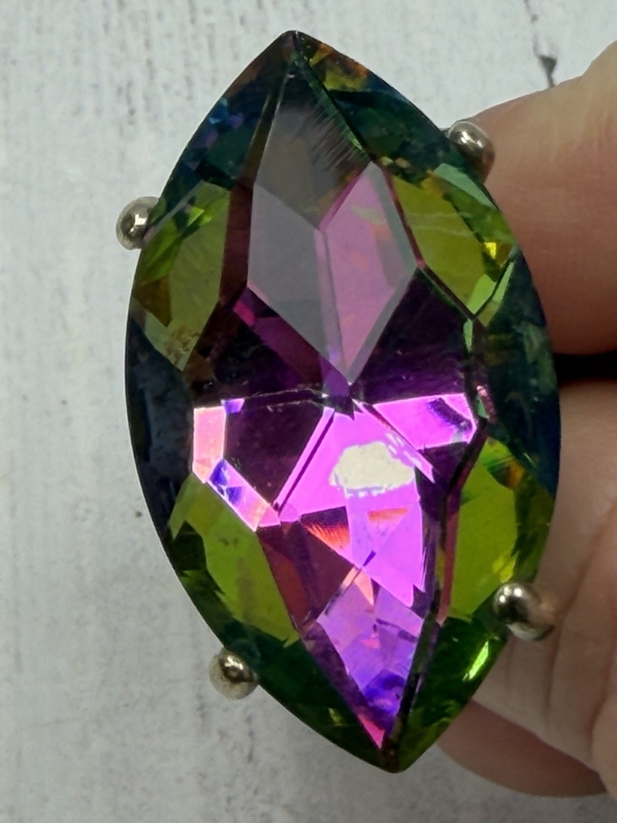 Large Rainbow Foil Backed Crystal Pear Cut Silver Tone Statement Ring Size 5