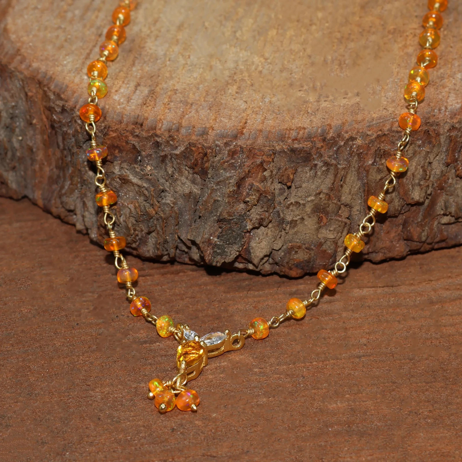 Orange Opal Necklace with Citrine Drop, Beaded Chain Jewelry, Bright Gemstone