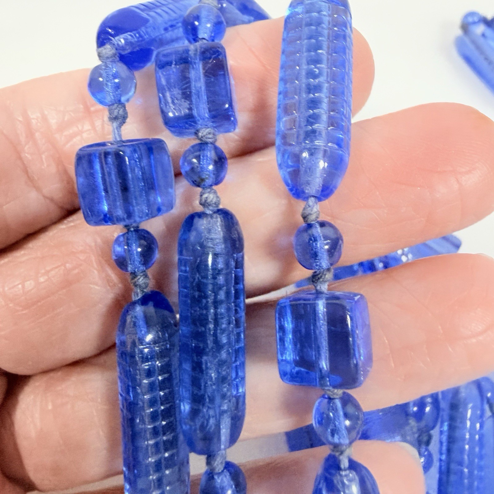 Antique Art Deco Necklace Cobal Blue Tubular Czech Glass Beaded 58″