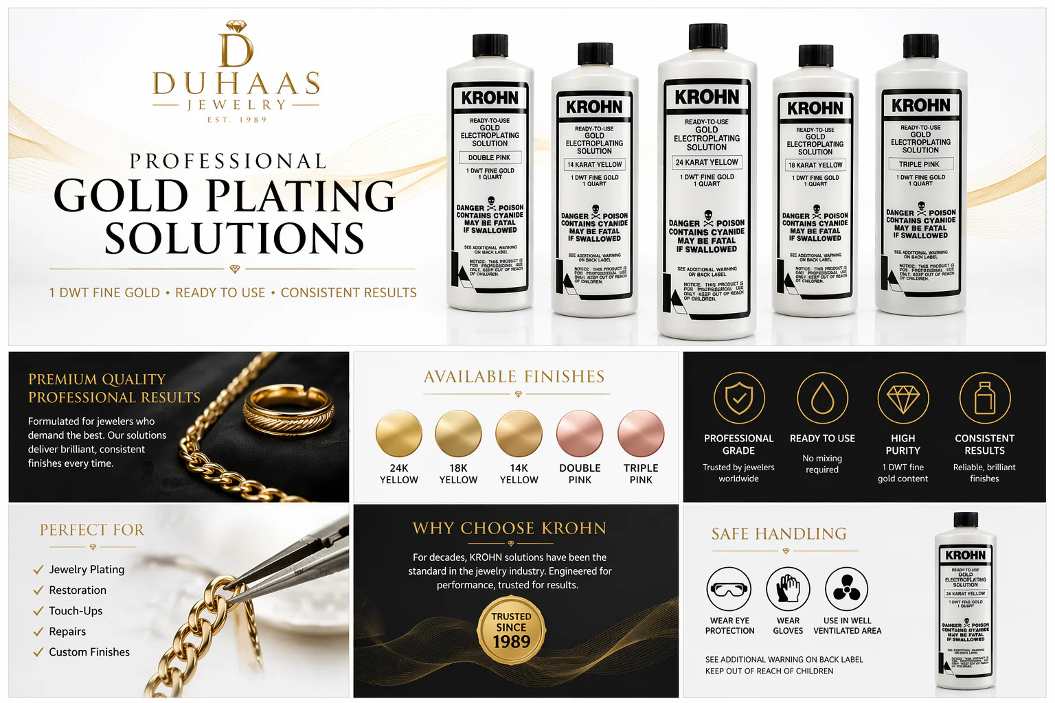 KROHN GOLD PLATING SOLUTION 24K, 18K, 14K, PINK ROSE GOLD GREEN SILVER
