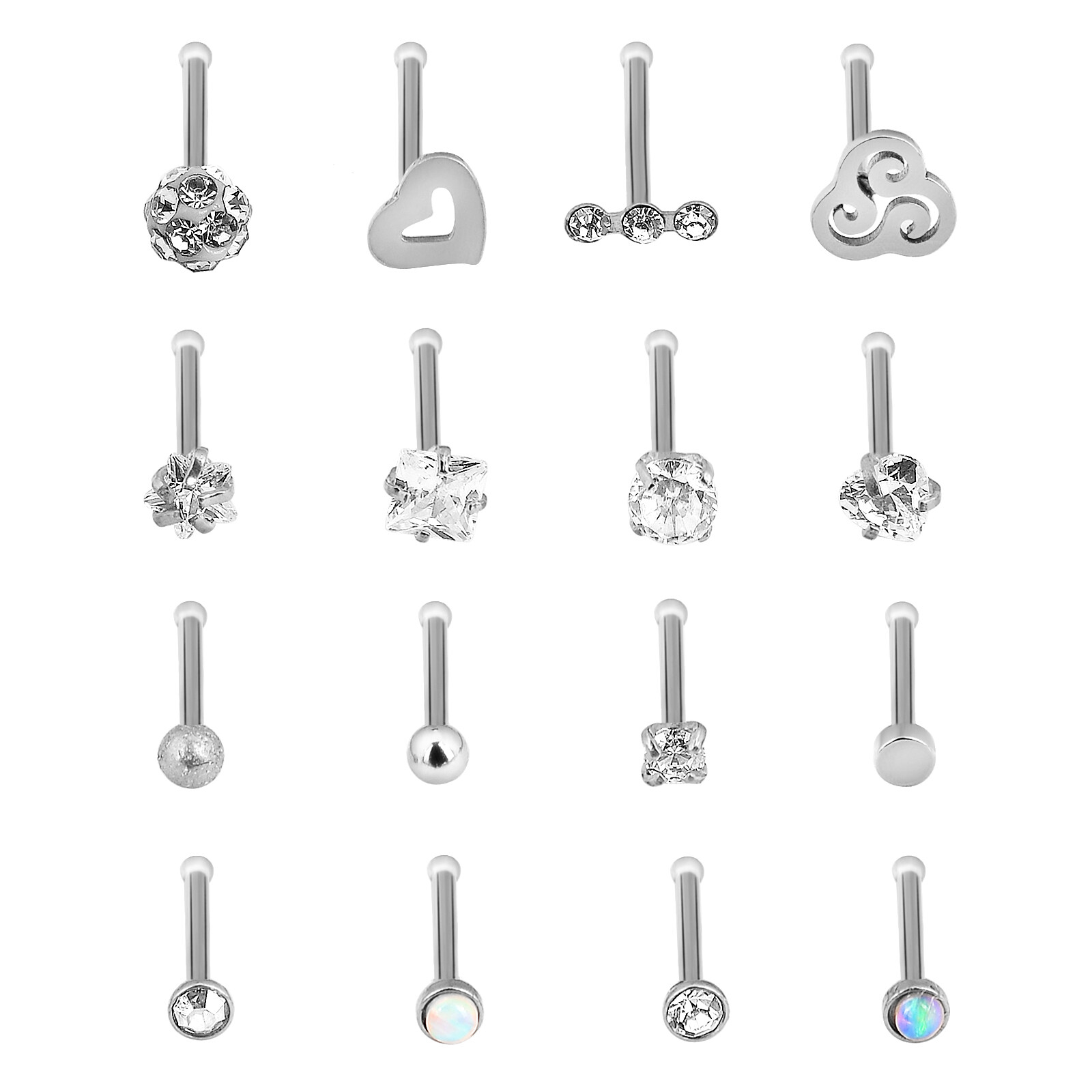 16PCS/LOT Bone Stud Nose Ring Mixed Color Stainless Steel Straight Nose Stud 20G