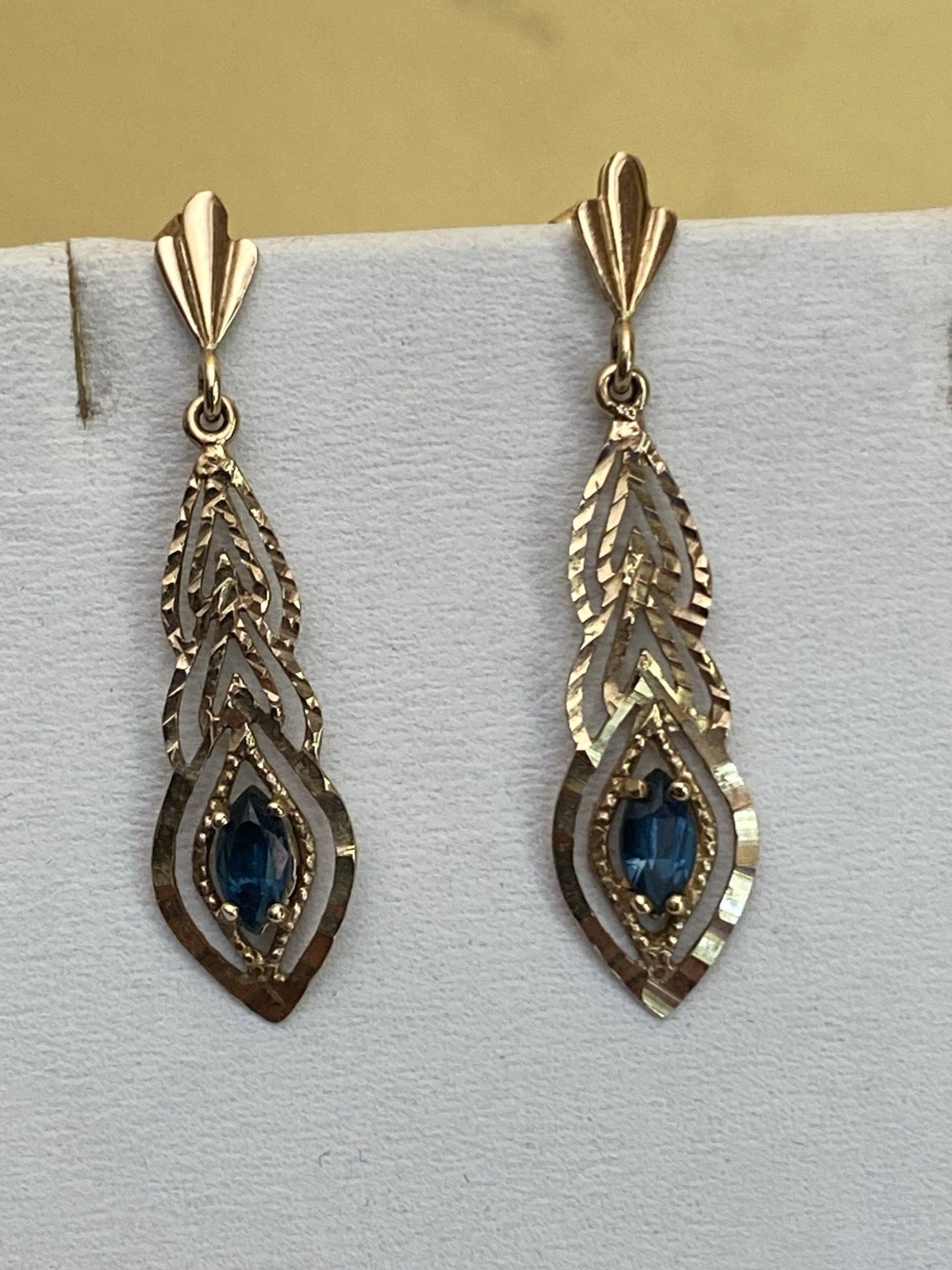 9 Carat Yellow Gold Marquise Cut Blue Spinel Earrings 3.3cm Drop