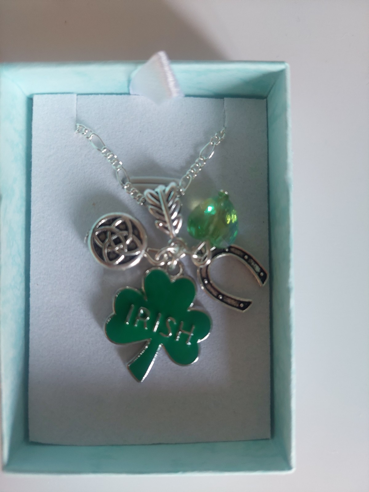 Sterling Silver 22 Inch Chain Green enamel Irish shamrock Serch Bythol heart