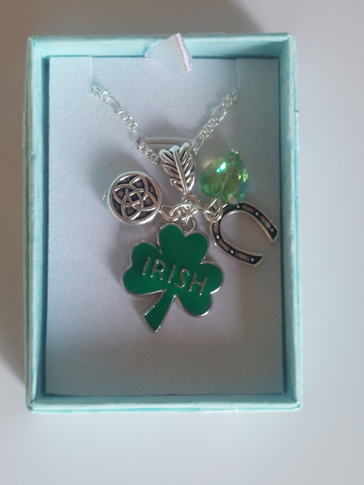 Sterling Silver 22 Inch Chain Green enamel Irish shamrock Serch Bythol heart
