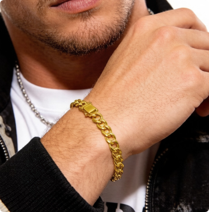 18K Yellow Gold Solid Cuban Link Chain Bracelet 8mm 8″ Unisex for Men Women