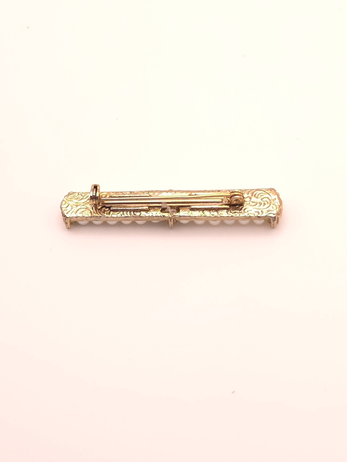 Vintage Gold Tone Bar Brooch Pin Round Simulated Pearl & Clear Rhinestone