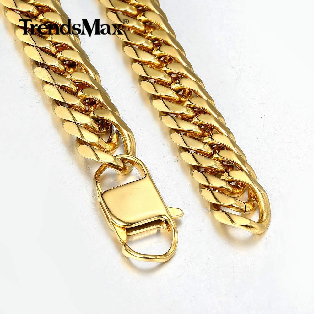 15mm 316L Stainless Steel Mens Chain Curb Cuban Link Bracelet Silver Gold Plated