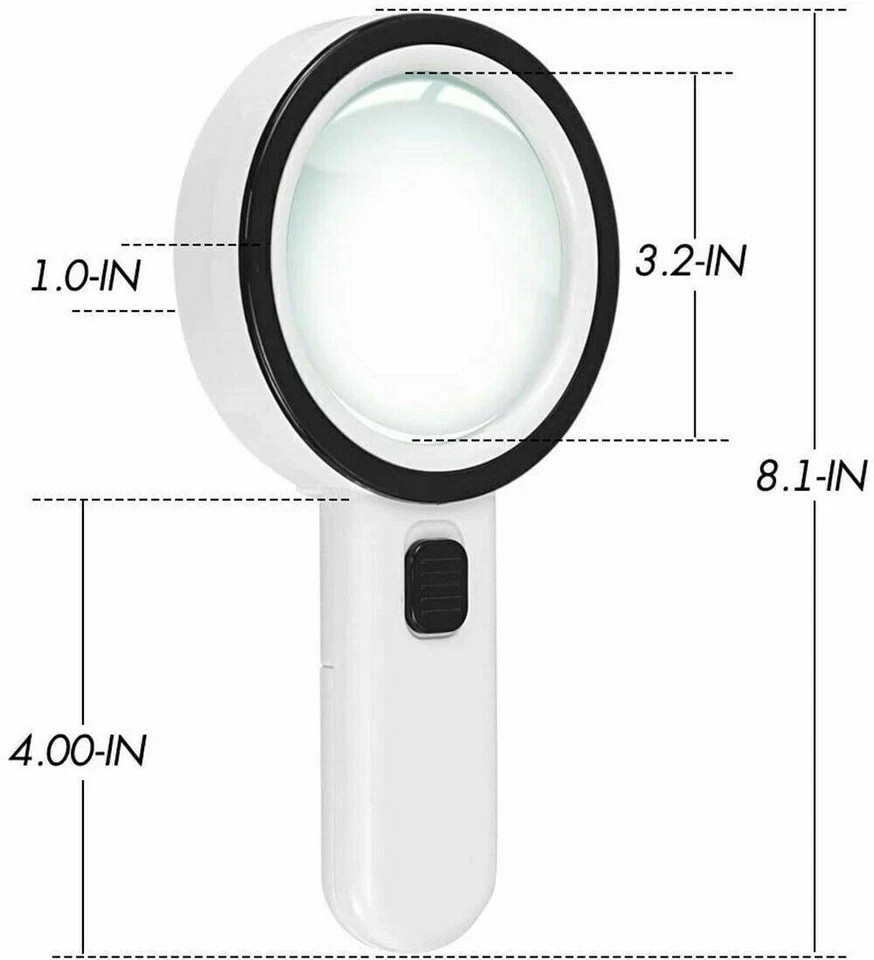 30X Jumbo Handheld Magnifying Glass w/ 12 Bright LED Light Illuminated Magnifier