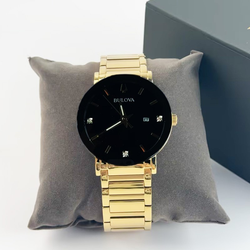 Bulova Futuro Modern 97D116 Black Diamond Dial Gold Band Quartz Men’s Watch 42MM