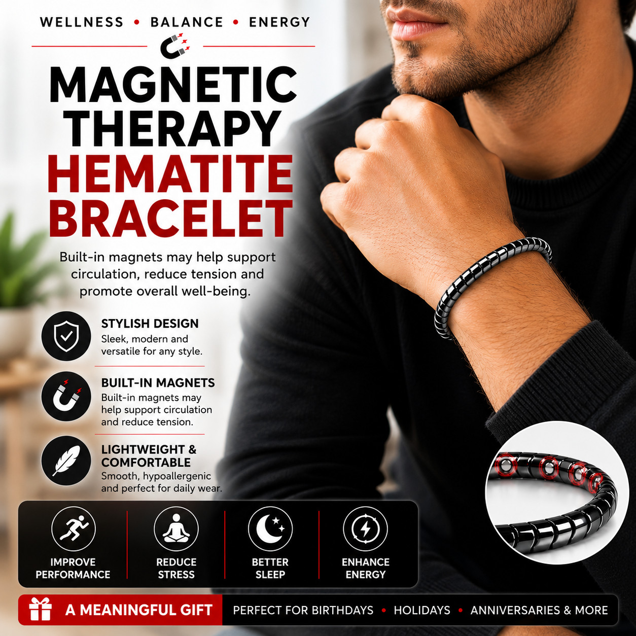 Magnetic Therapy Hematite Bracelet 8mm Beads for Men and Women