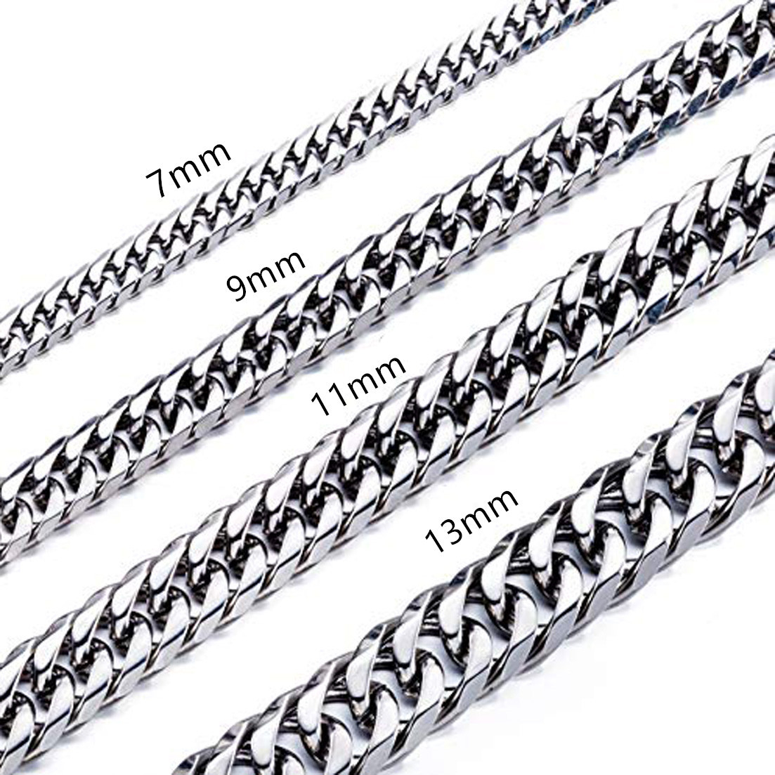 High Polished 7-13MM Silver Stainless Steel Double Curb Chain Necklace for Mens