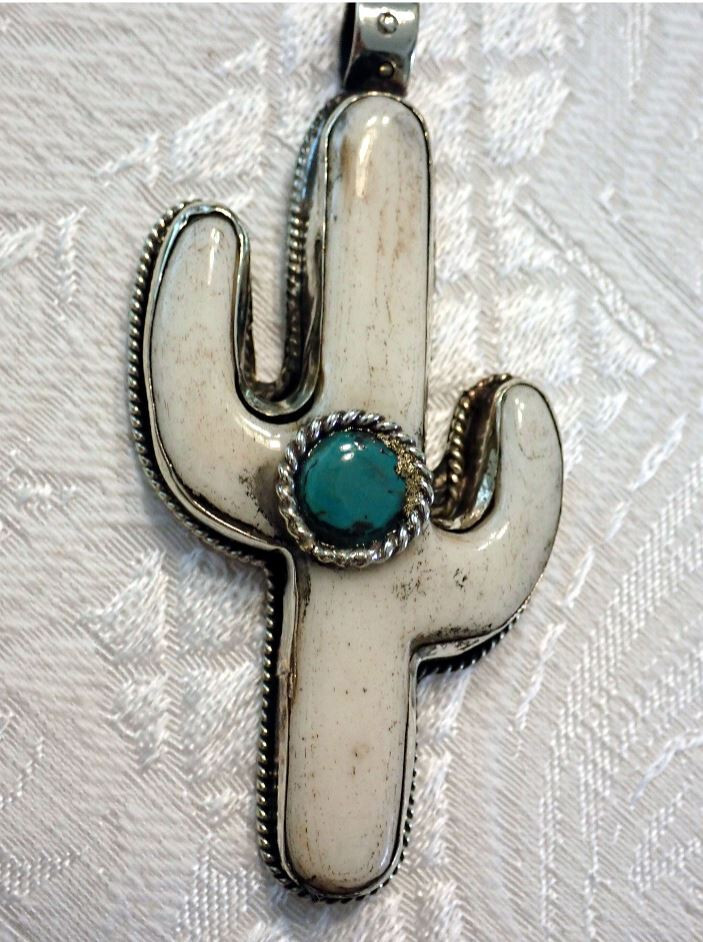 Big saguaro Cactus Pendant with Turquoise cab in Tibetan silver 2 3/8 in