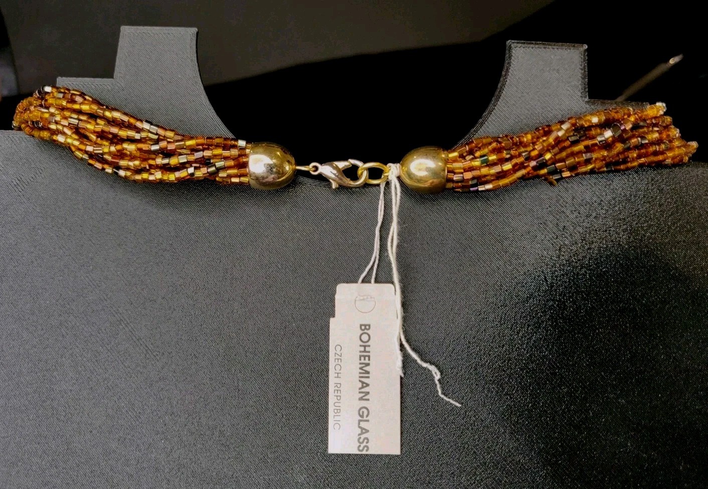 Vintage Czech Republic Boho Caramel Black Gold Glass Bead 12 Strand Necklace 50s