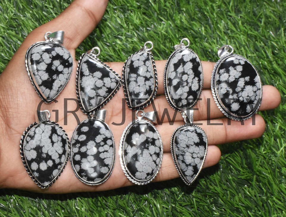 1-500 Pcs Snowflake Obsidian Pendant Wholesale Lot Bulk: Silver Plated WH-24