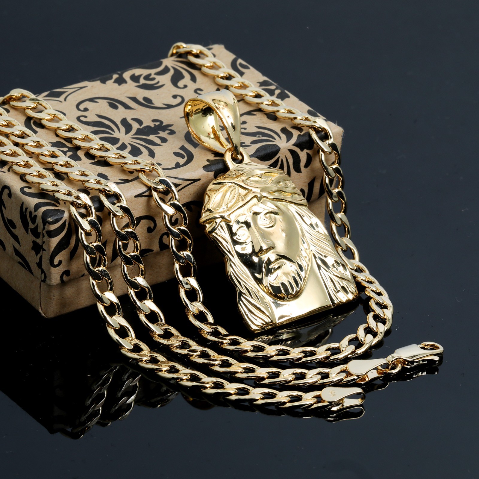Jesus Pendant 14k Gold Plated Brass 5mm 20″ Cuban Link Necklace Choker Chain F1
