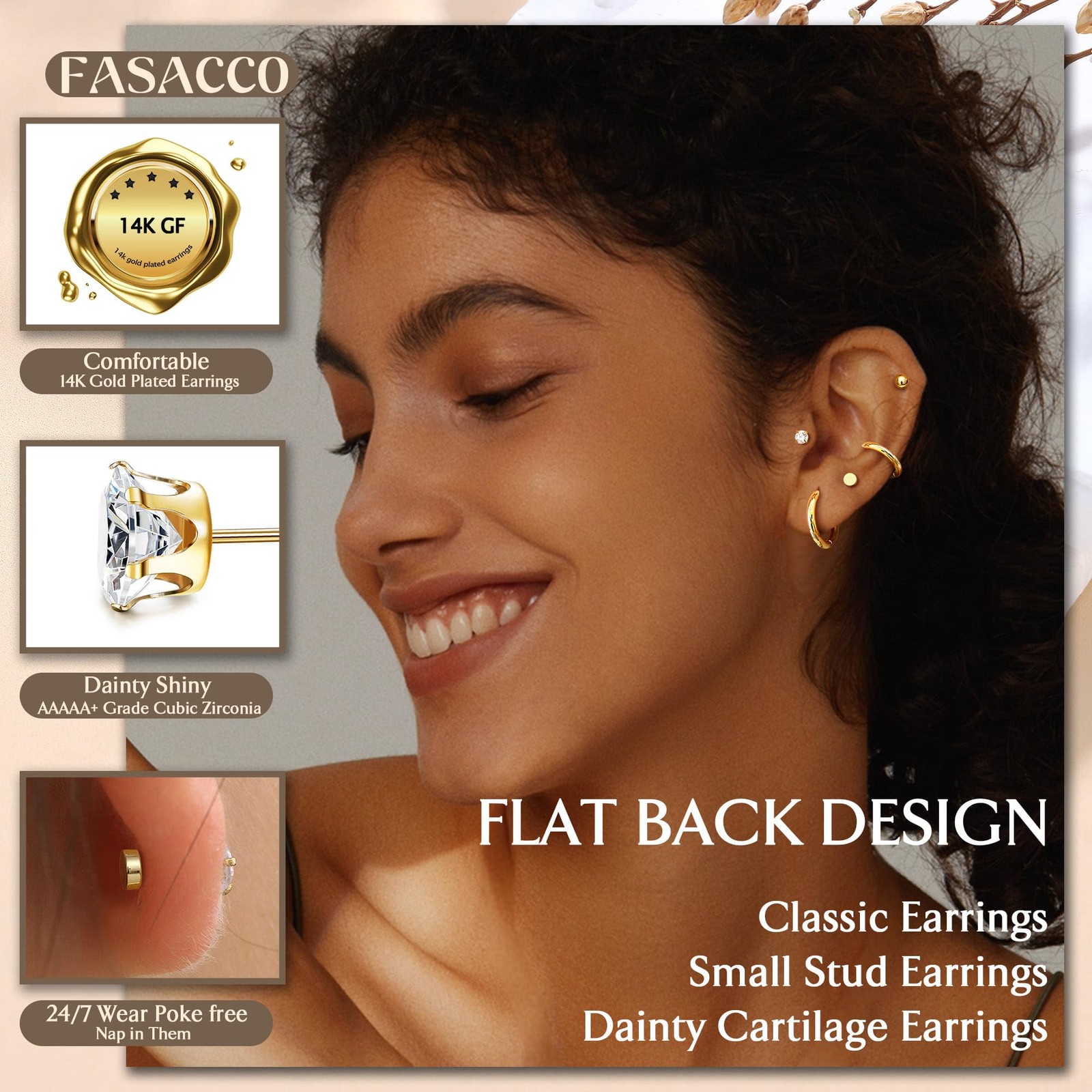 FASACCO Small Tiny Stud Flat Back 20G (0.8MM) and 18G (1MM), gold tone