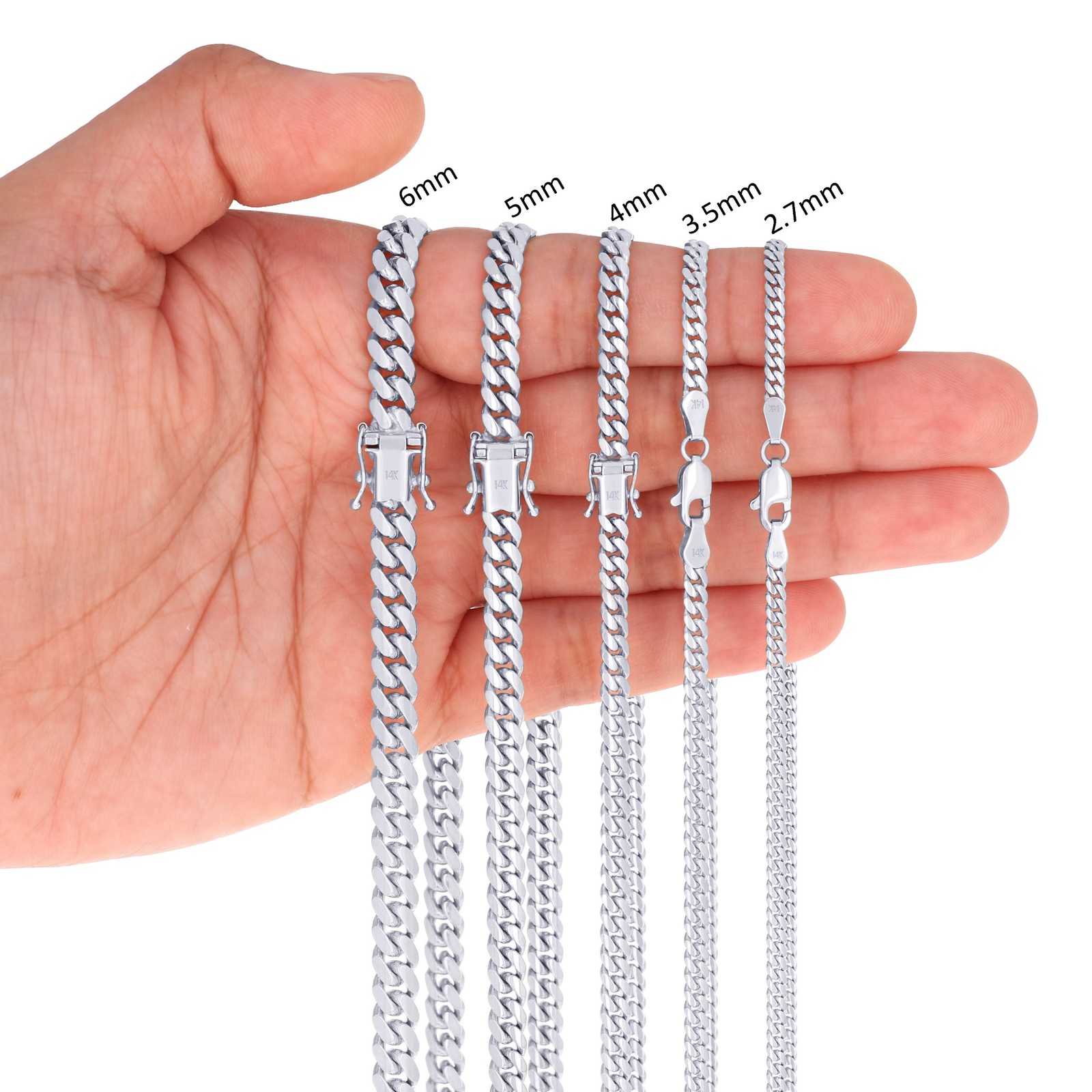 14K White Gold Solid 2.7mm-7mm Miami Cuban Link Chain Necklace Bracelet 7″-30″