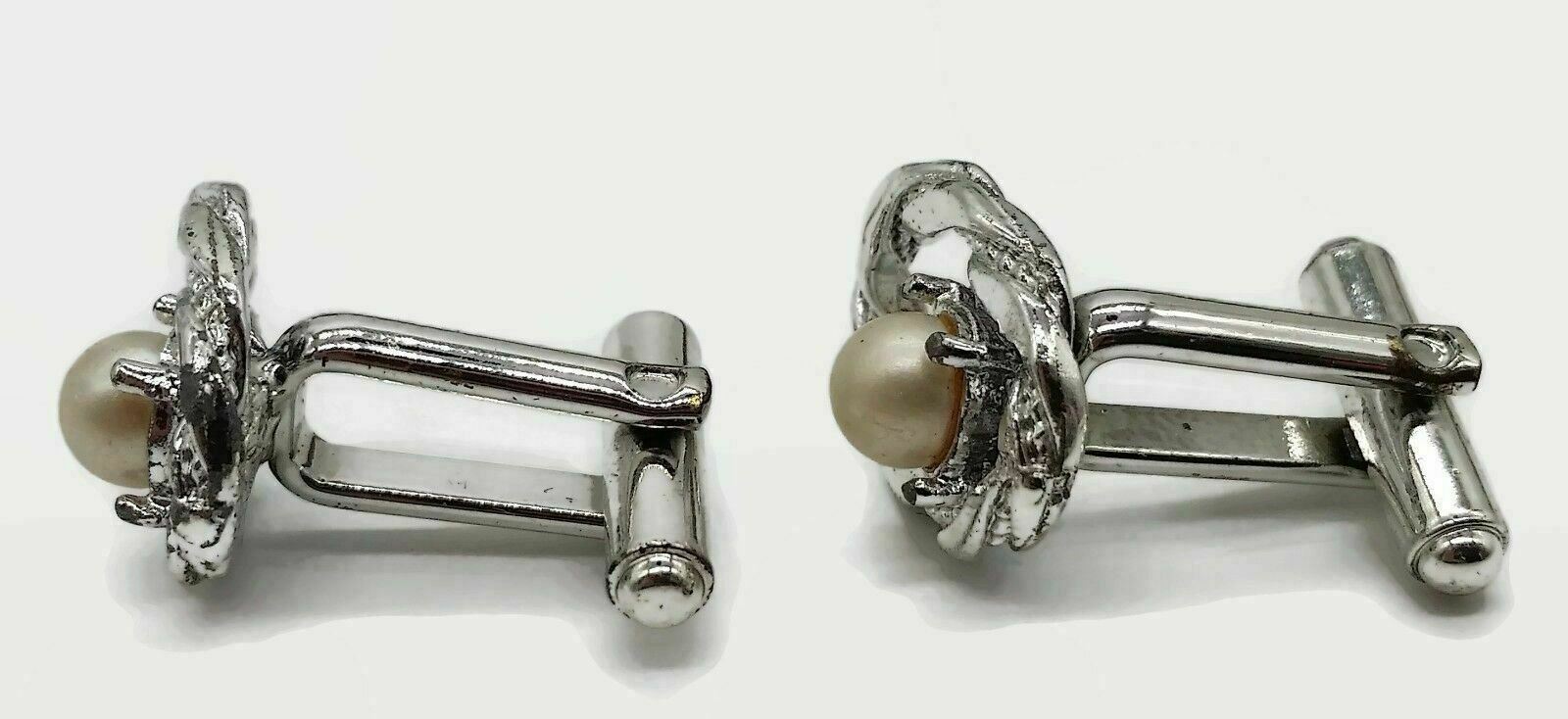 Sliver Toned 3/4″ Cufflinks Cuff Links w/ Faux Pearl Male Female Unisex