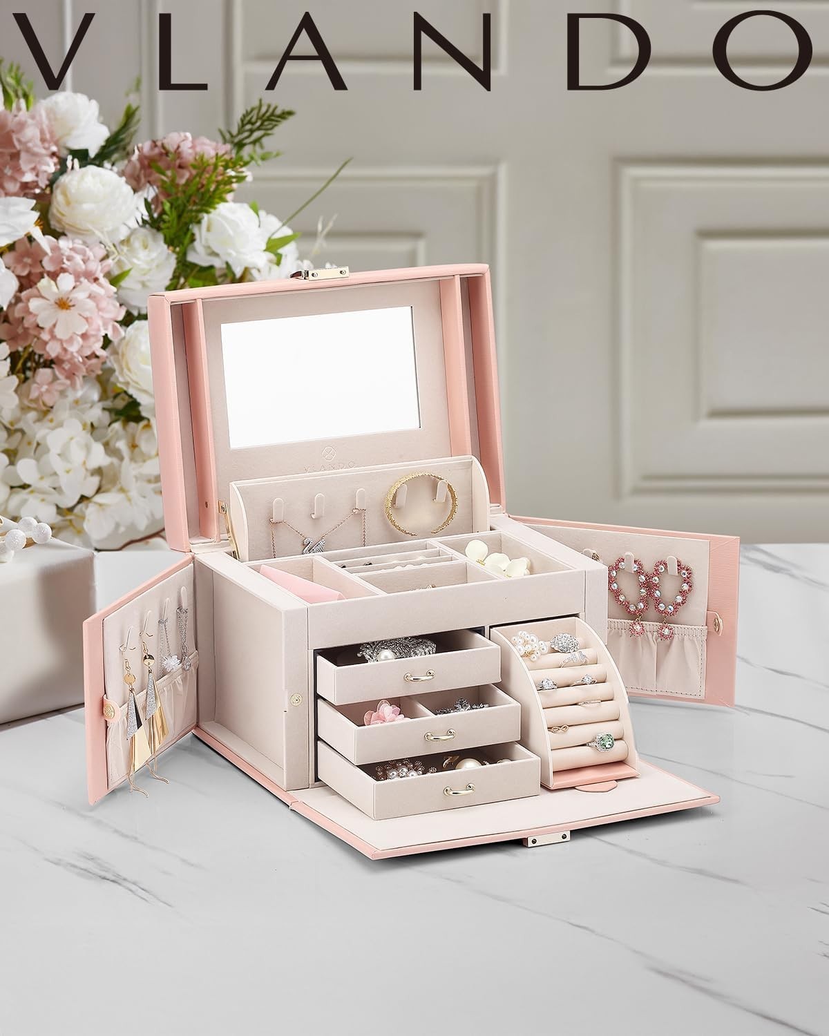 Stunning Pink Jewelry Organizer with Mirror and 3 Drawers – for Elegant Storage