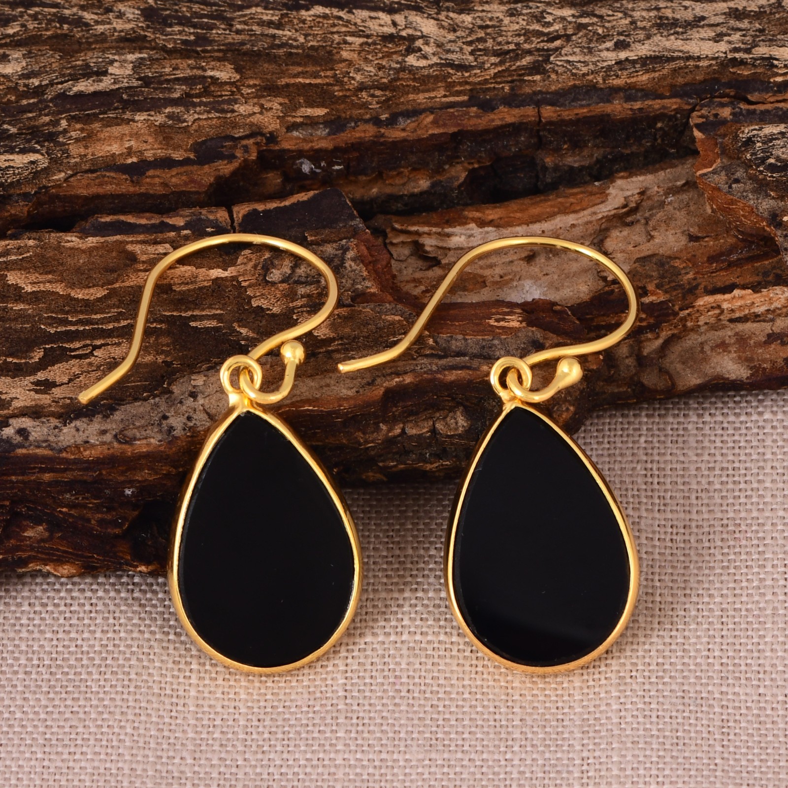 Black Onyx Teardrop Earrings Sterling Silver Gold Plated Gemstone Drop Jewelry