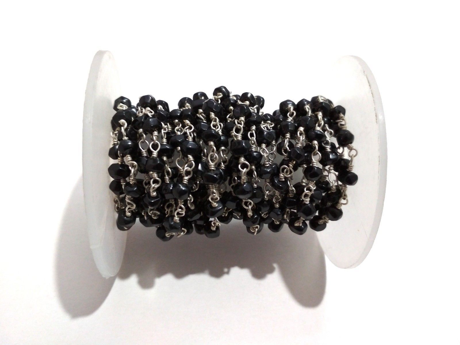 3 Feet Natural Black Spinel Rondelle Handmade Faceted 4-4.5mm Beads Silver Chain