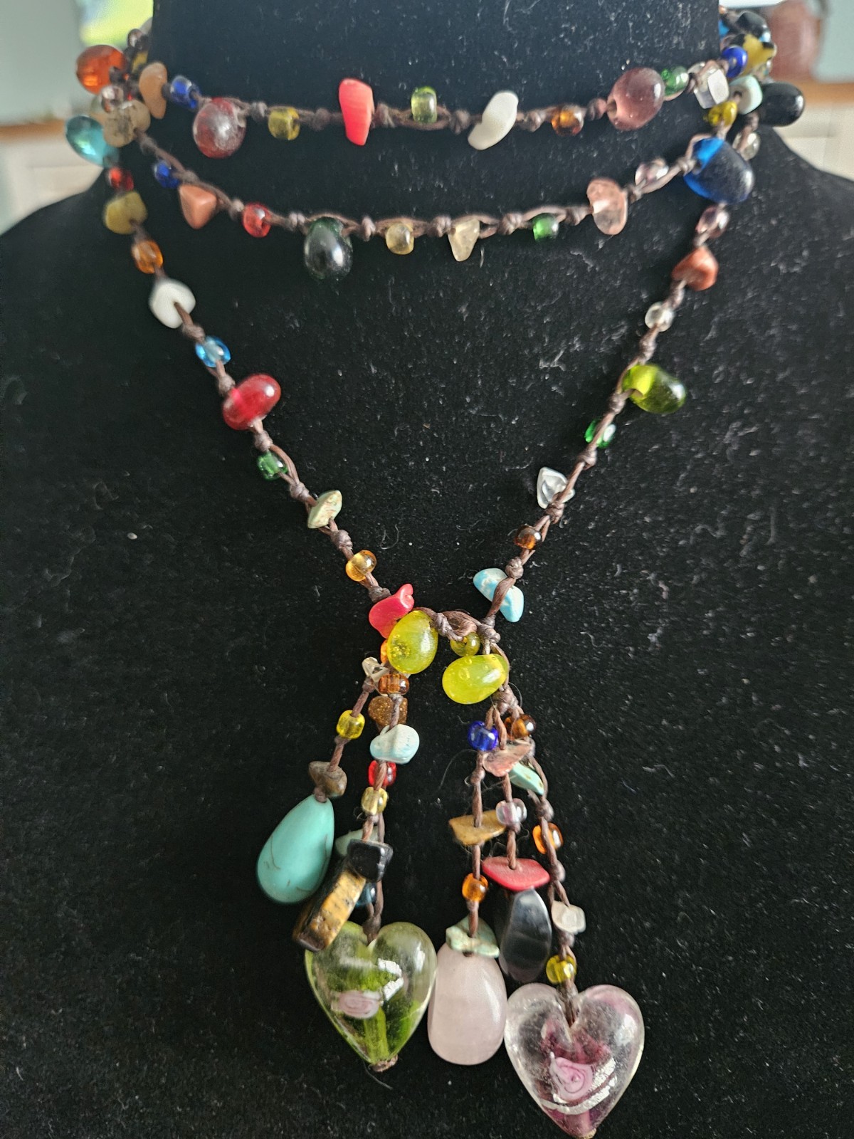 Boho-style multi-bead Multicolor 48″Lariat Wrap Necklace Glass Hearts Charms