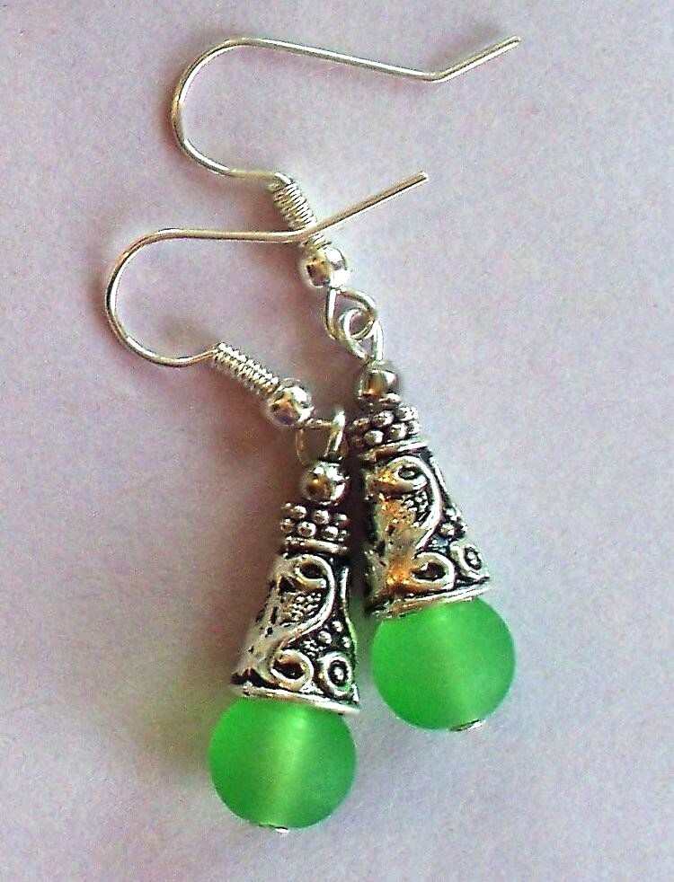 GREEN BEACH FROST GLASS earring SP FISH HOOK artisan