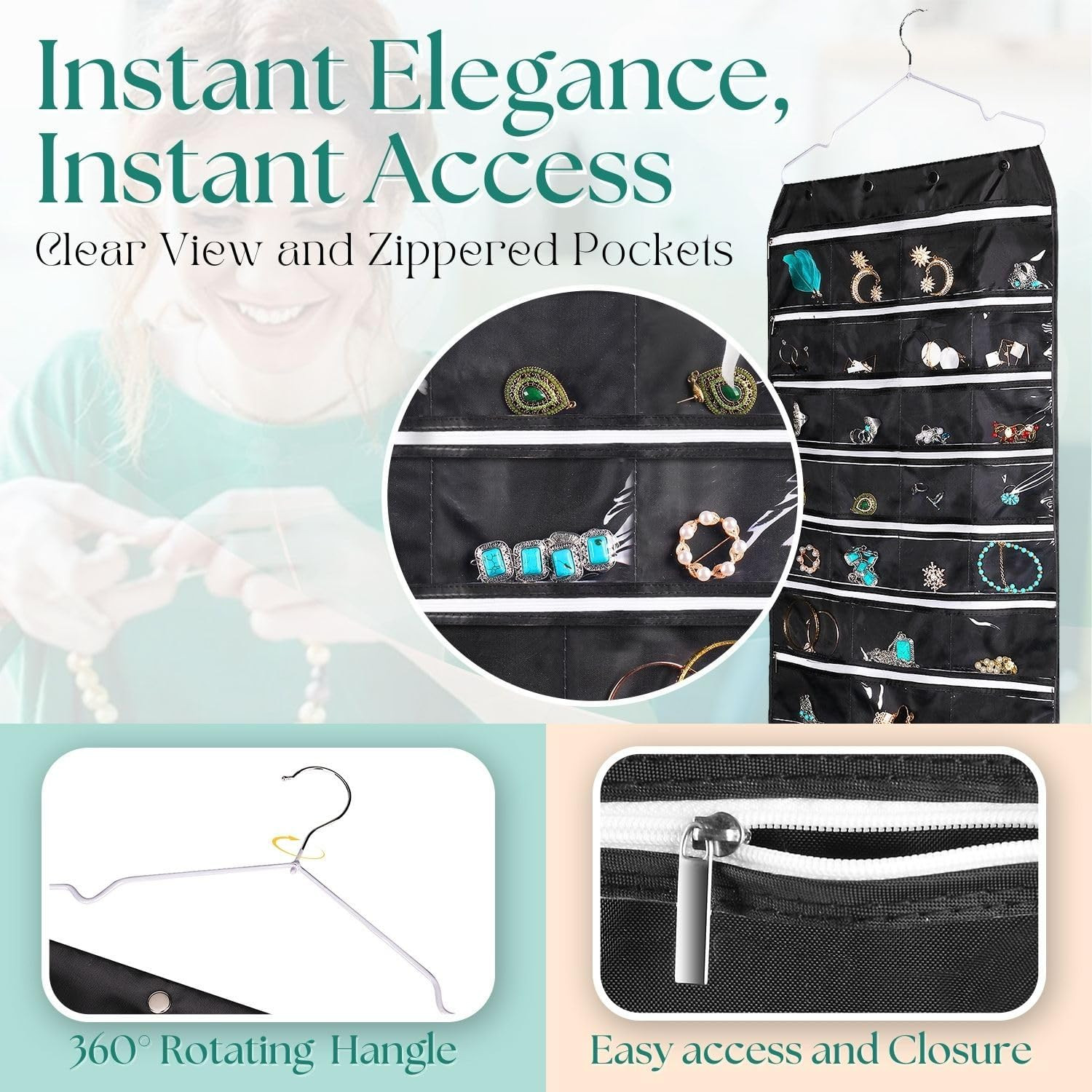 Hanging Jewelry Organizer with Zippered Pockets – (1 Pack) Black Closet Jewelry
