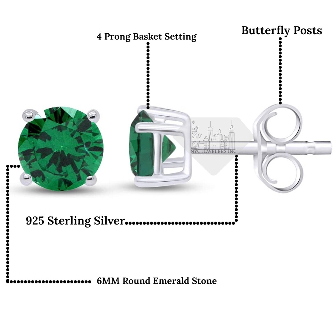 925 Sterling Silver Round Cut Lab Created Emerald Stone Studs Earrings UNISEX