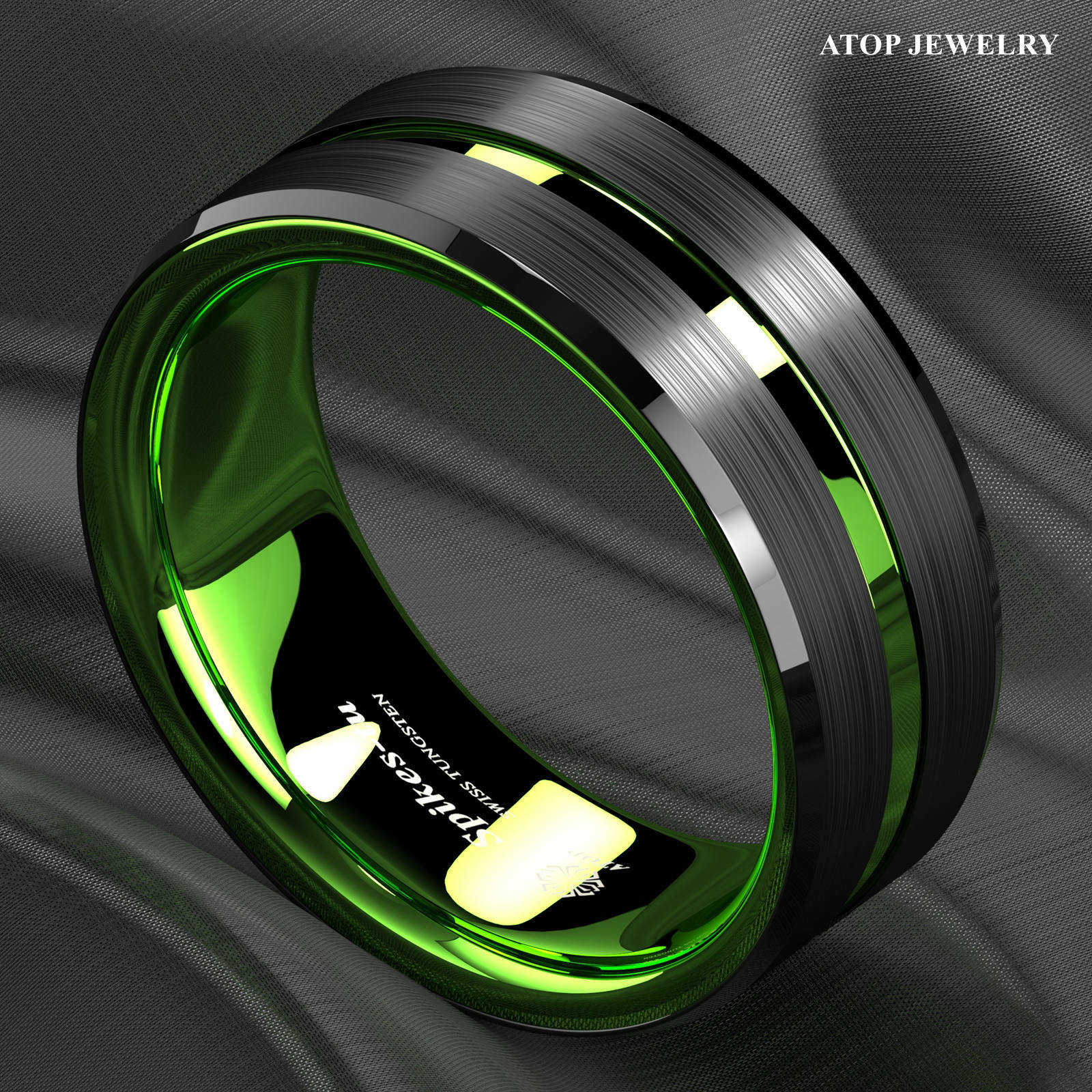 8/6mm Black Tungsten Carbide Green Line Wedding Band Ring ATOP Men’s Jewelry