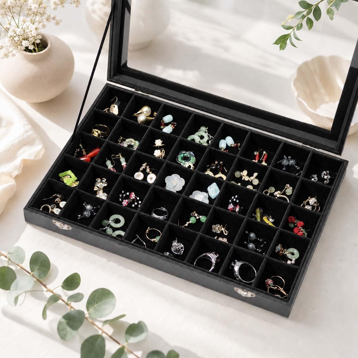 Black Velvet 40 Grid Earring Organizer Display Box with Transparent Lid Earring