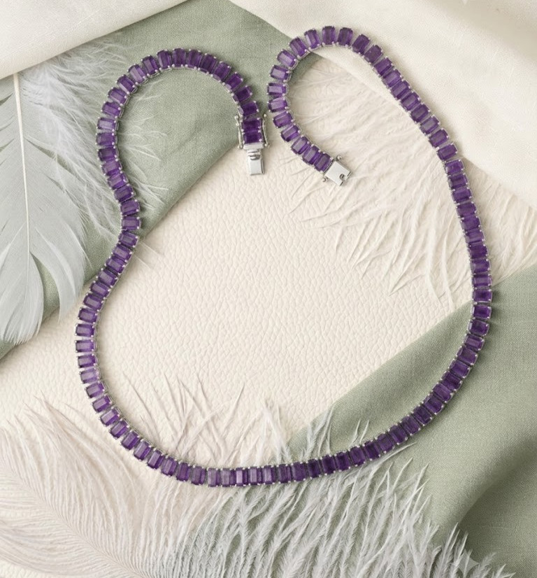 Purple Emerald Cut Tennis Necklace, Amethyst Choker, In 925 Sterling Silver
