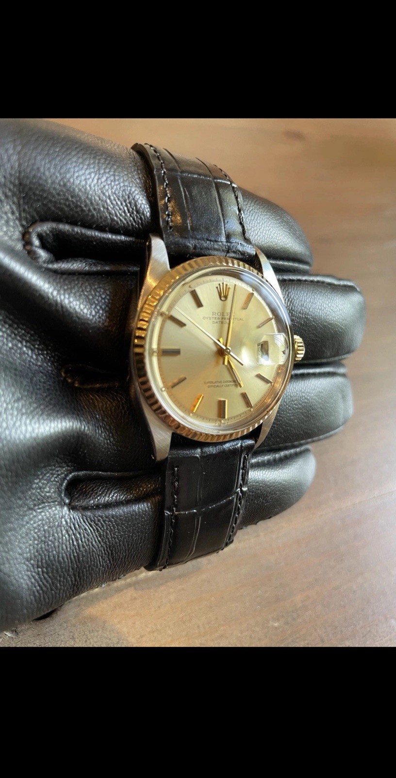 Rolex Date 1601 Mens Stainless Steel 18K Gold Watch Leather Band Champagne Dial