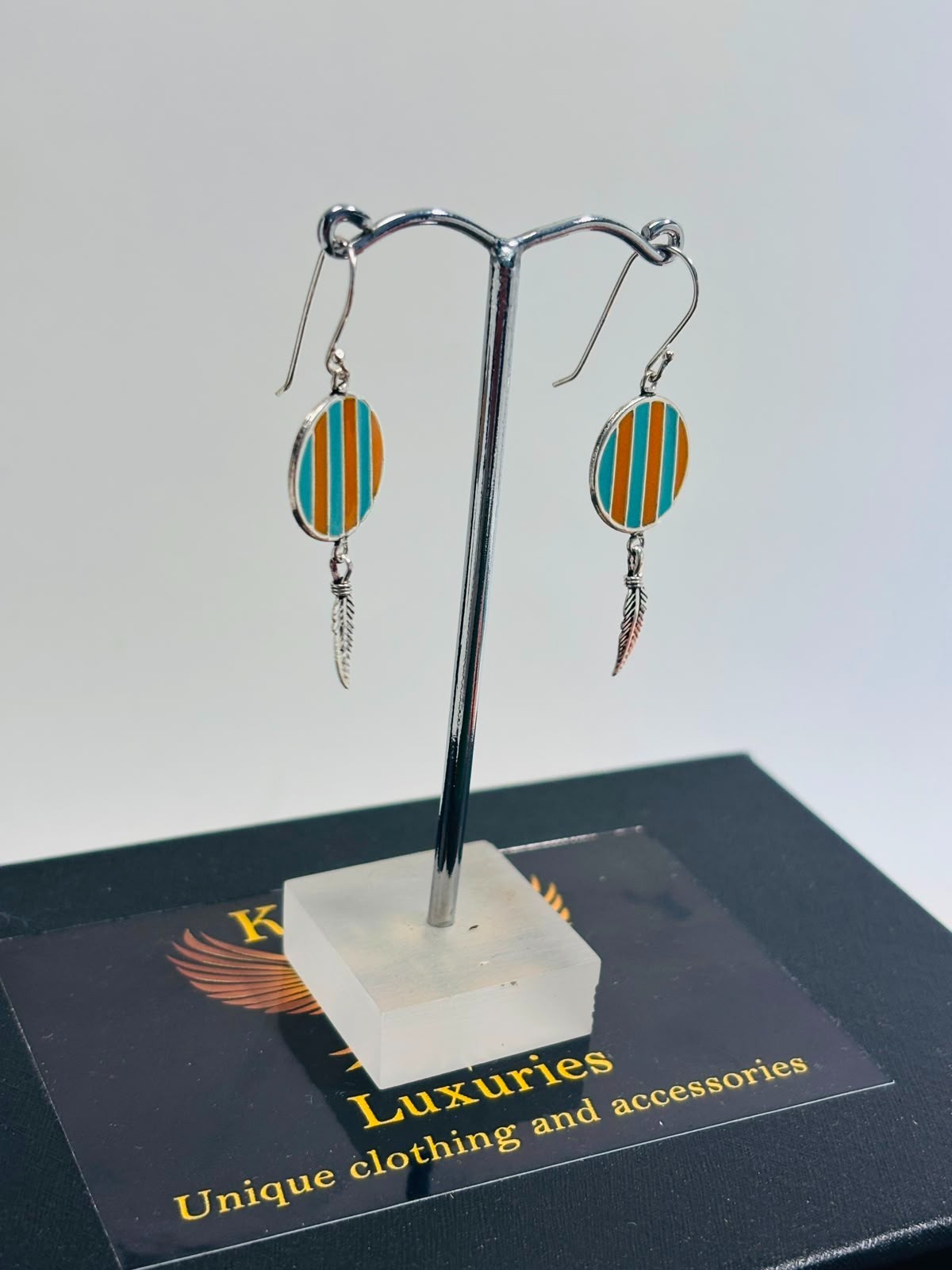 925 Silver 30mm Striped Feather Enamel Earrings Hook Settings Made In UK HMJ104