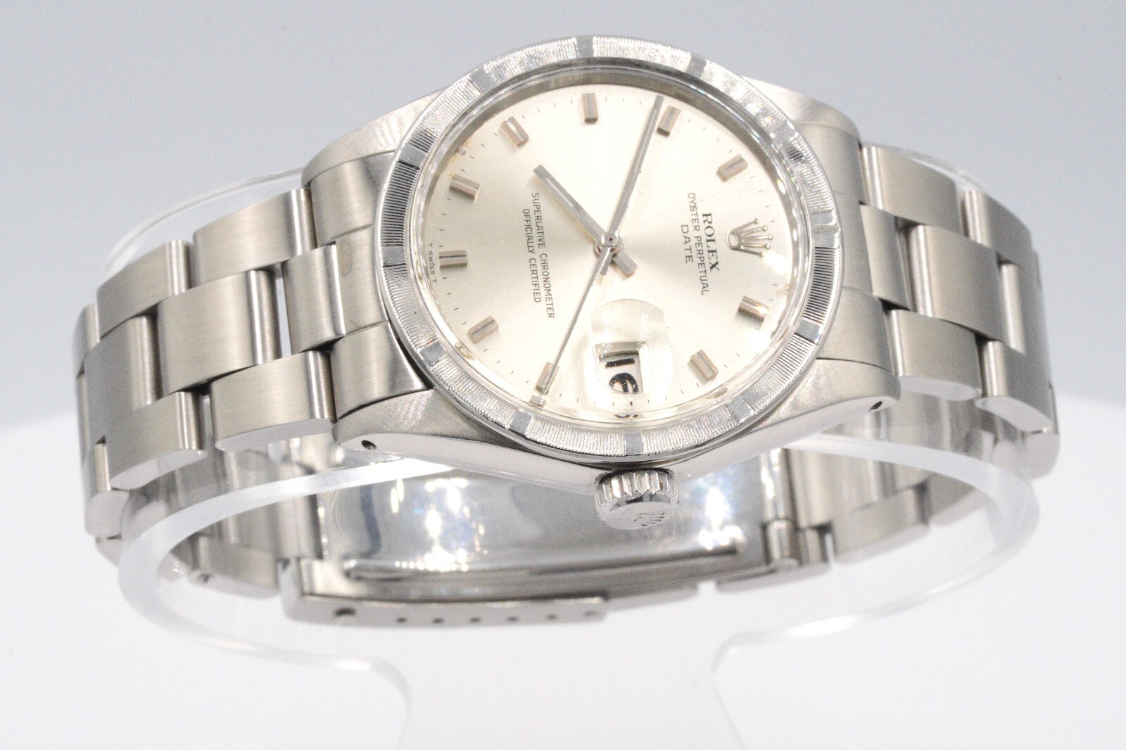 Mens Rolex Date Stainless Steel Watch Engine-Turned Index Bezel Silver Dial 1501