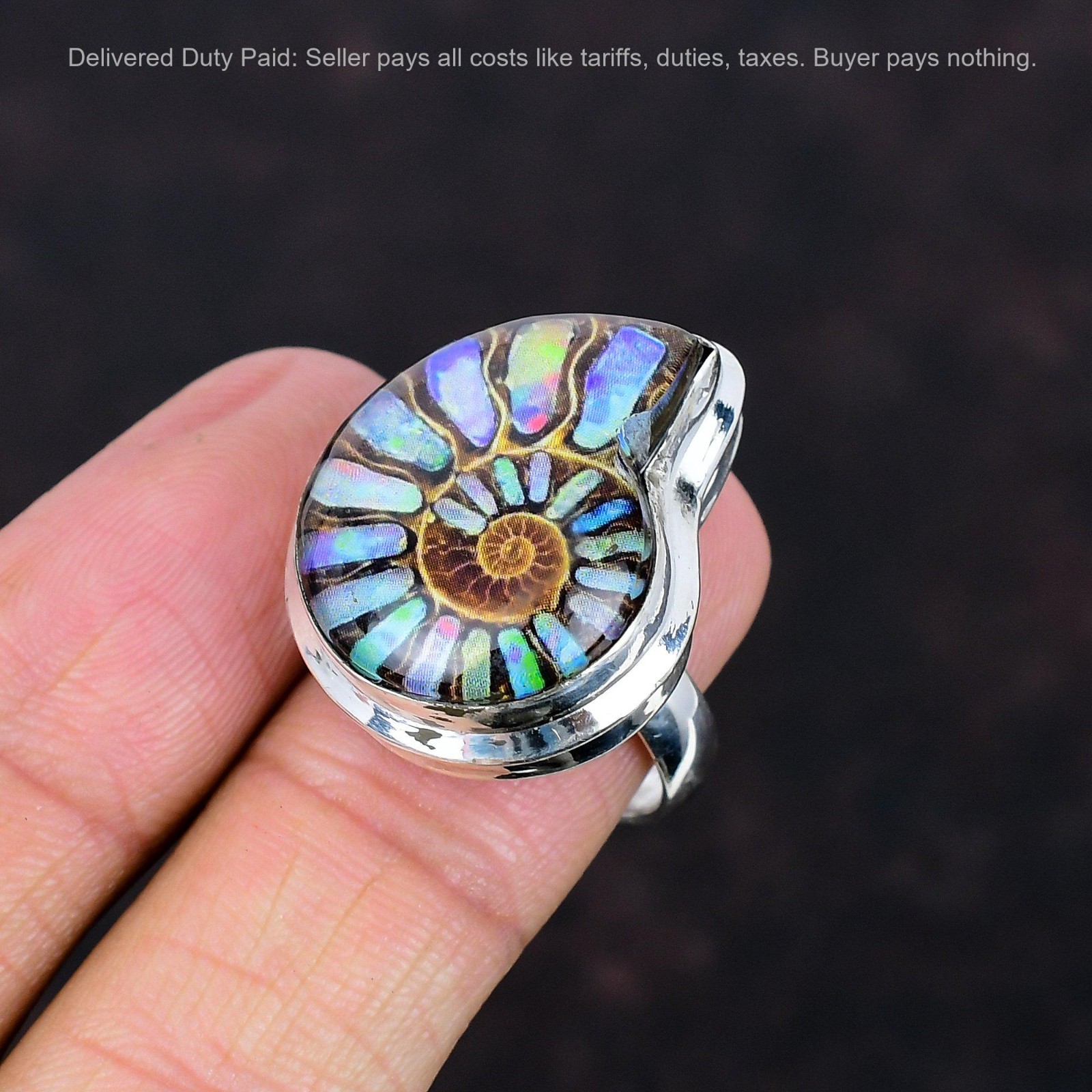 925 Sterling Silver Natural Ammonite Doublet Opal Bezel Statement Ring Jewelry