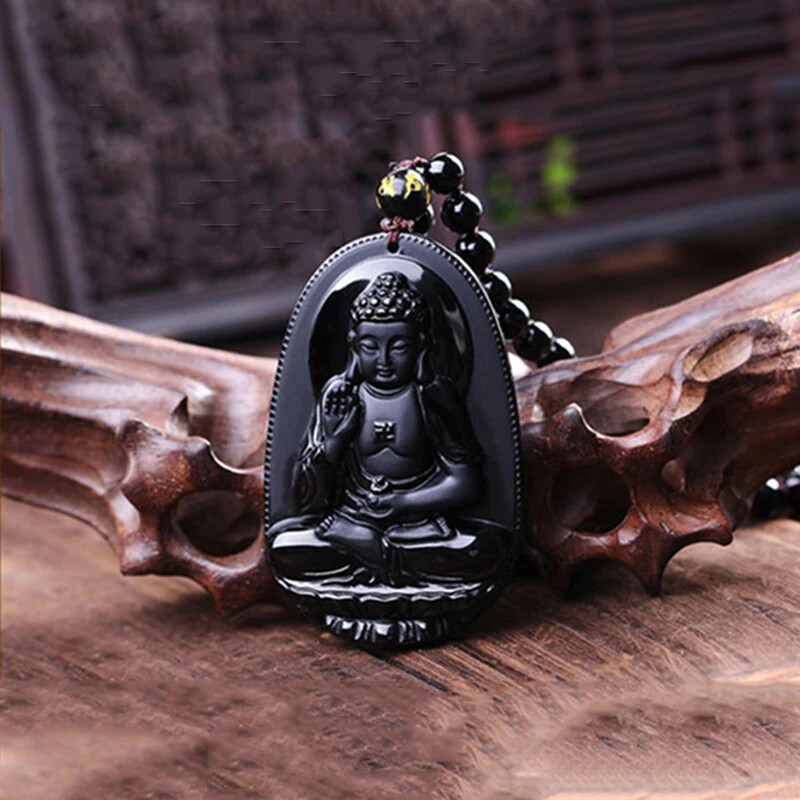 1PC Pendant Necklace Black Obsidian Carved Buddha Statue Luck Talisman Gift
