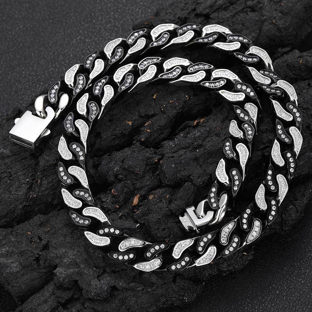 Steel Cuban Link Chain Necklace Full Zircon Mens Jewelry 12mm Hip Hop Stainless