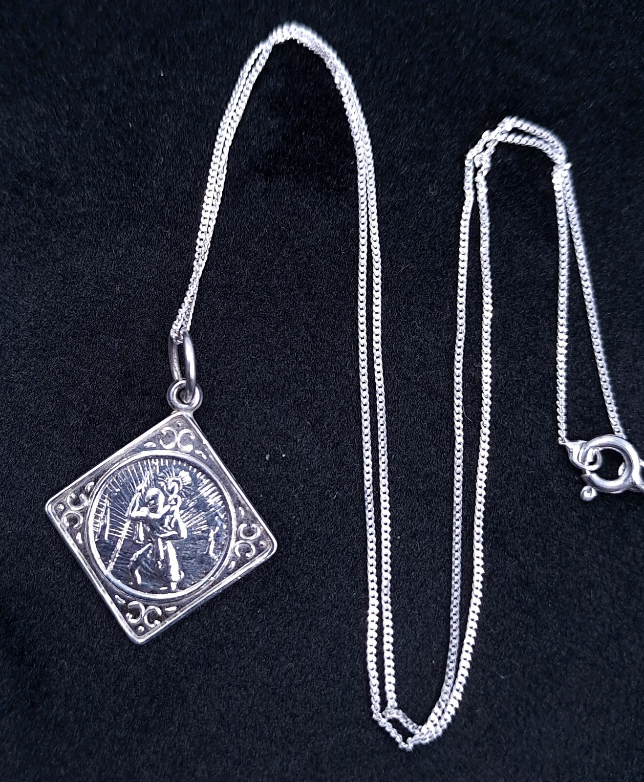 Necklace 925 Sterling Silver St Christopher Pendant Offset Square 40cm 16 inches