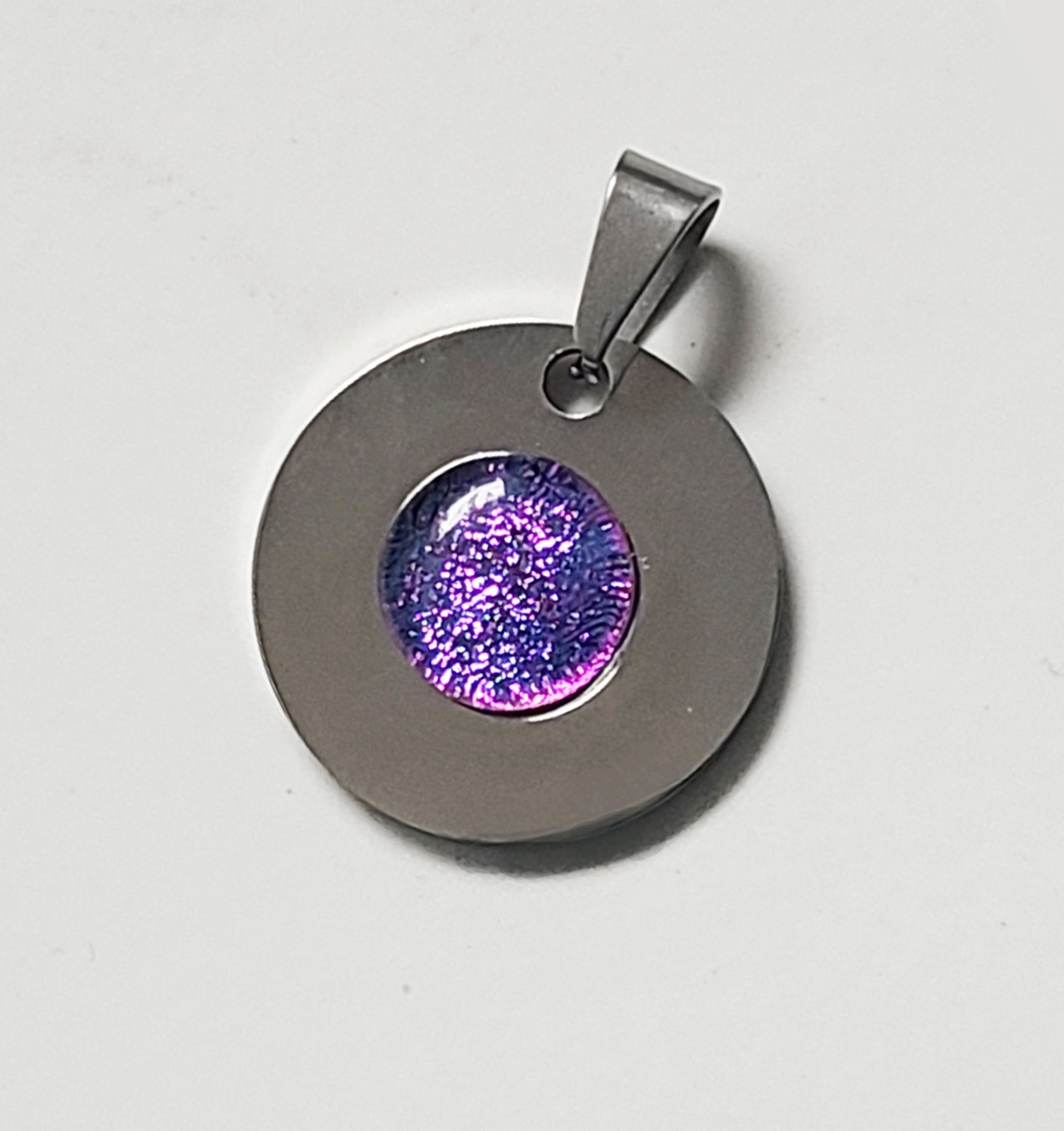 Dichroic Glass Stainless Steel Disk Pendant, Handcrafted