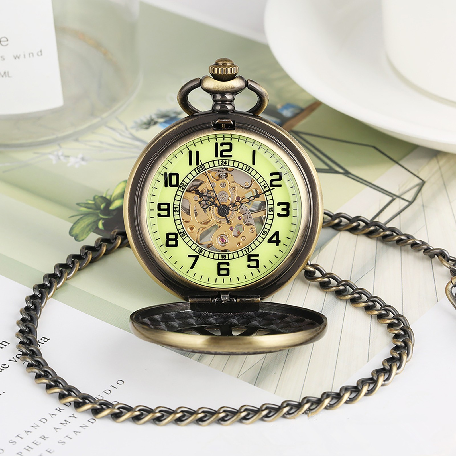 Luxury Classic Mechanical Black Steampunk Skeleton Pocket Watch with Chain
